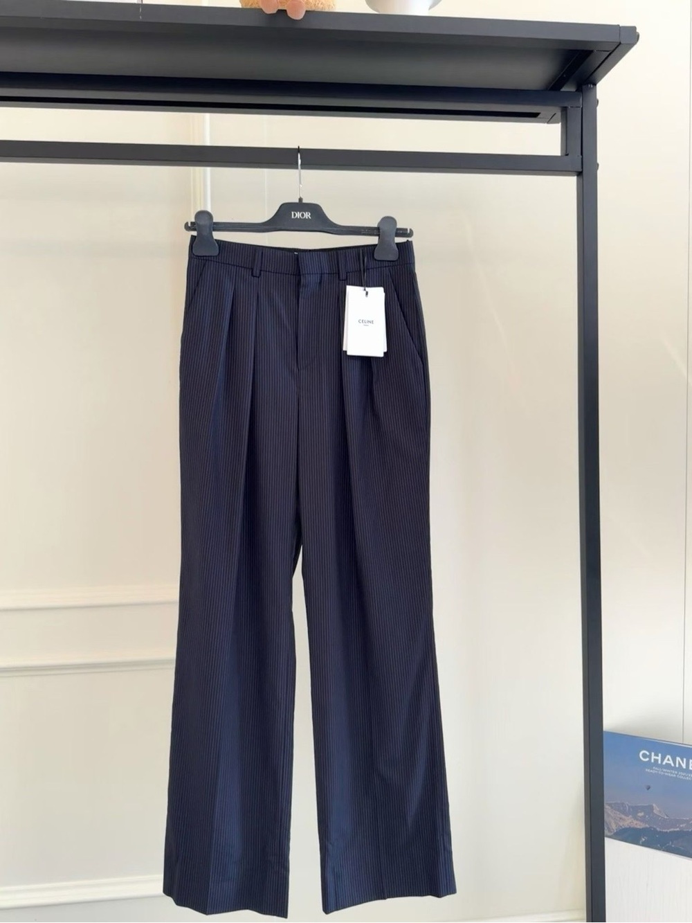 🚩steal Celine Navy Pinstripe Wide-Leg Trousers